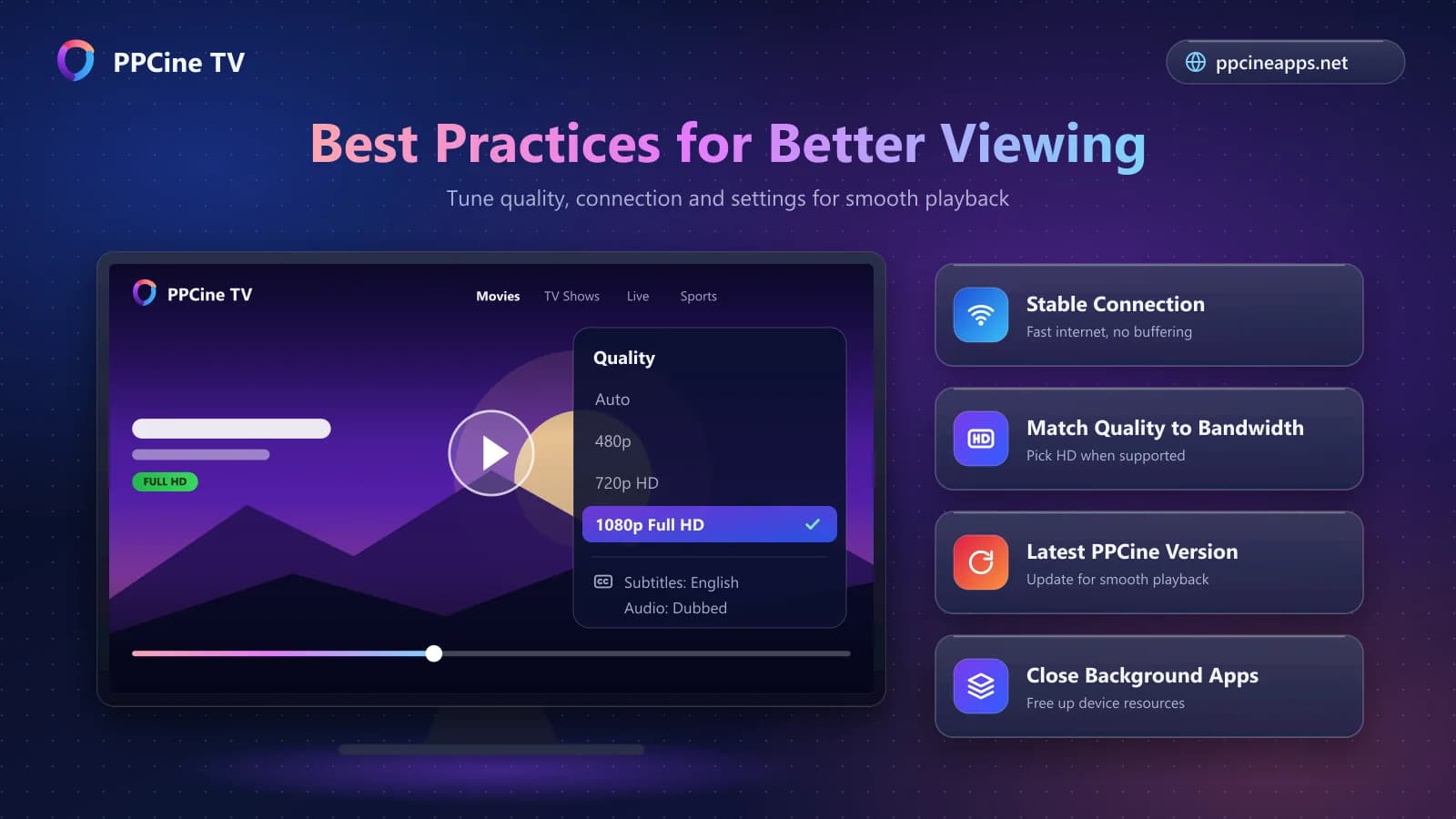 PPCine TV player quality menu set to 1080p Full HD with tips for connection, updates and subtitles