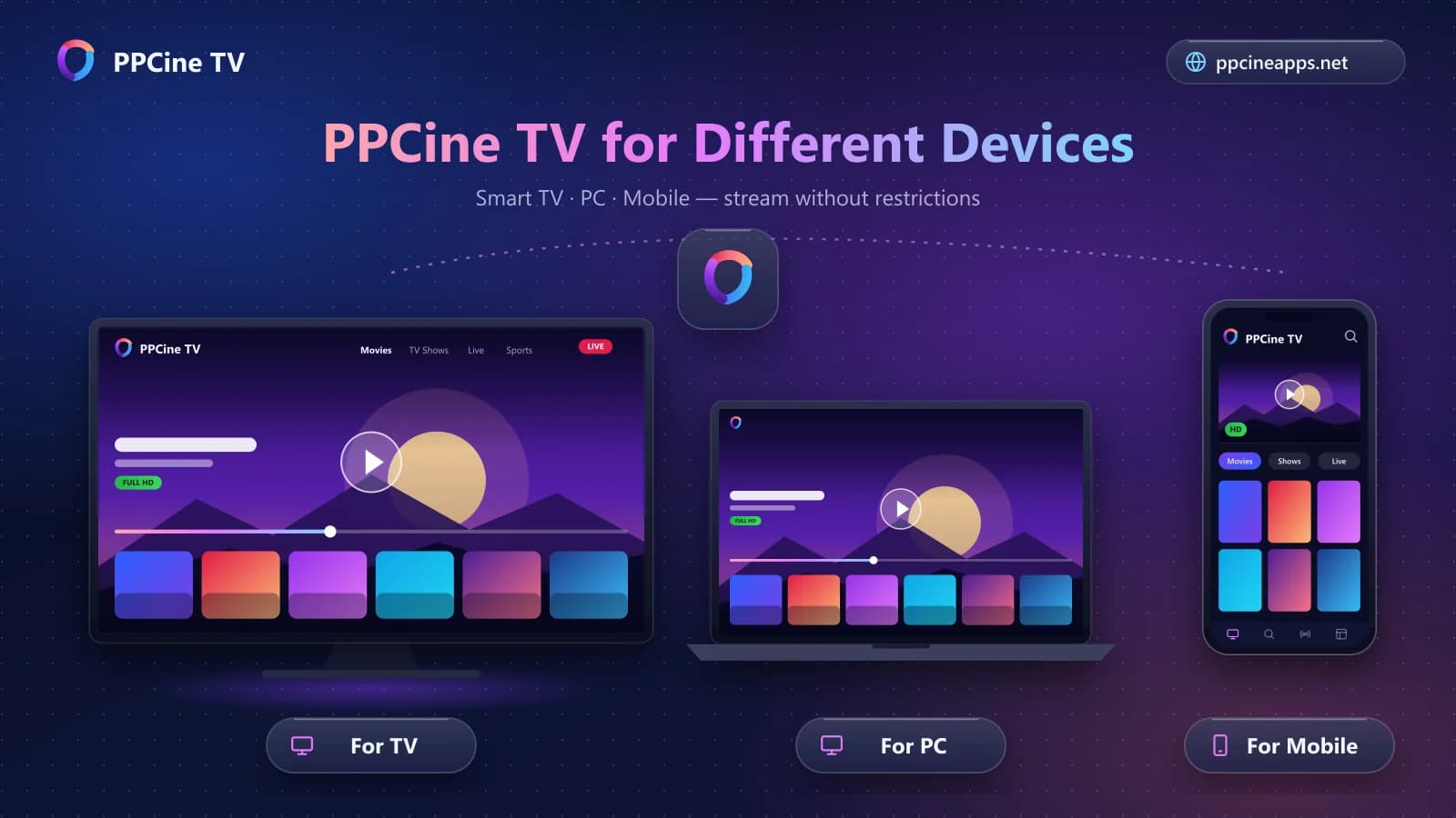 PPCine TV running on a smart TV, a PC laptop and an Android phone side by side