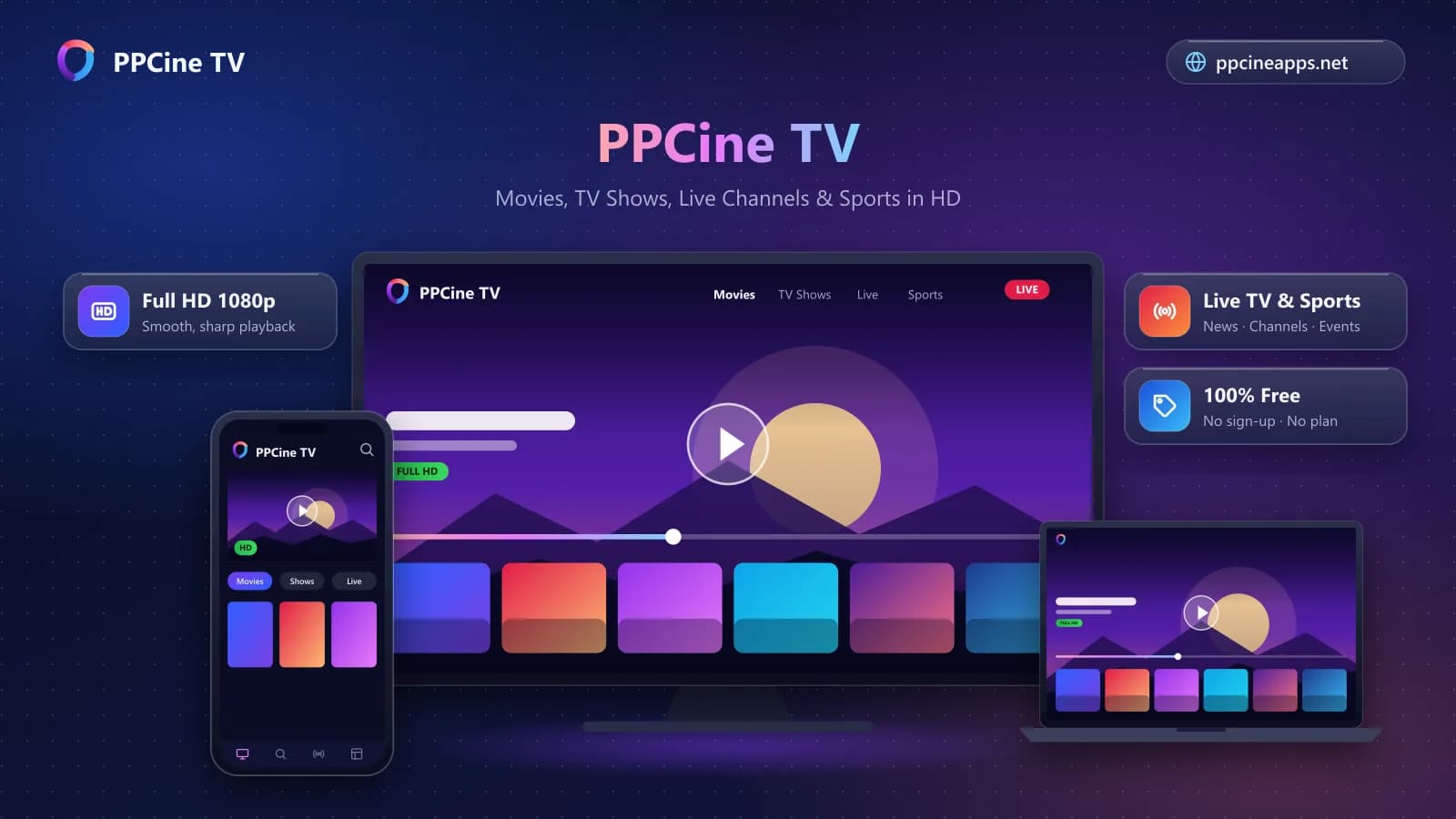 PPCine TV app streaming HD movies and live channels on a smart TV, phone and laptop